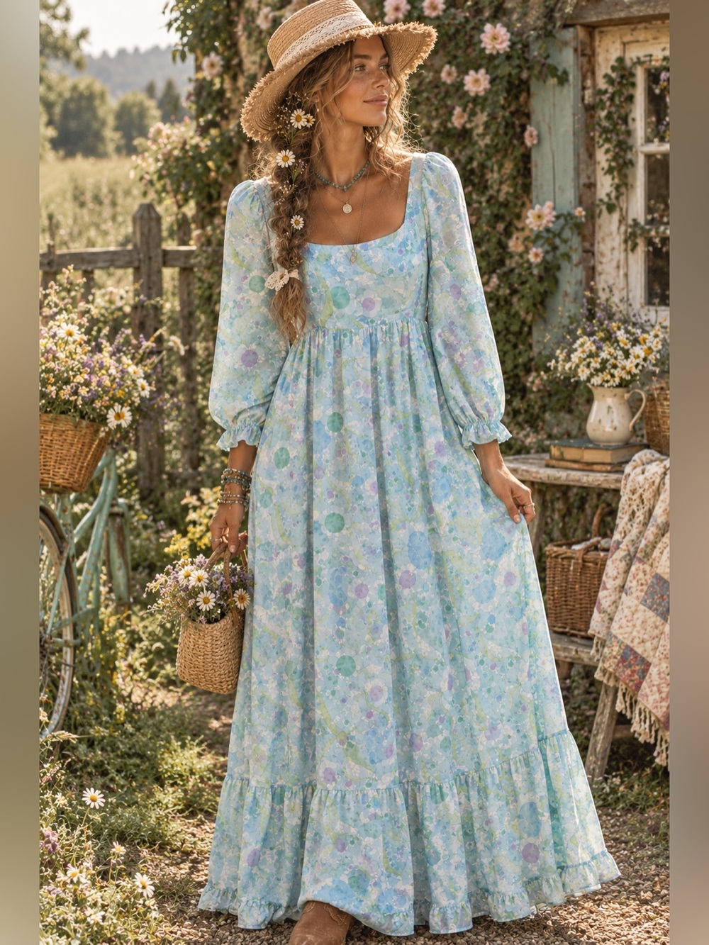 Handmade Pastel Blue Floral Square-Neck Maxi Dress
